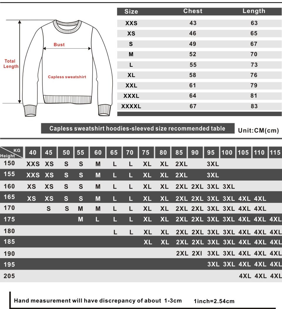 Arctic Monkeys Sweatshirt size chart