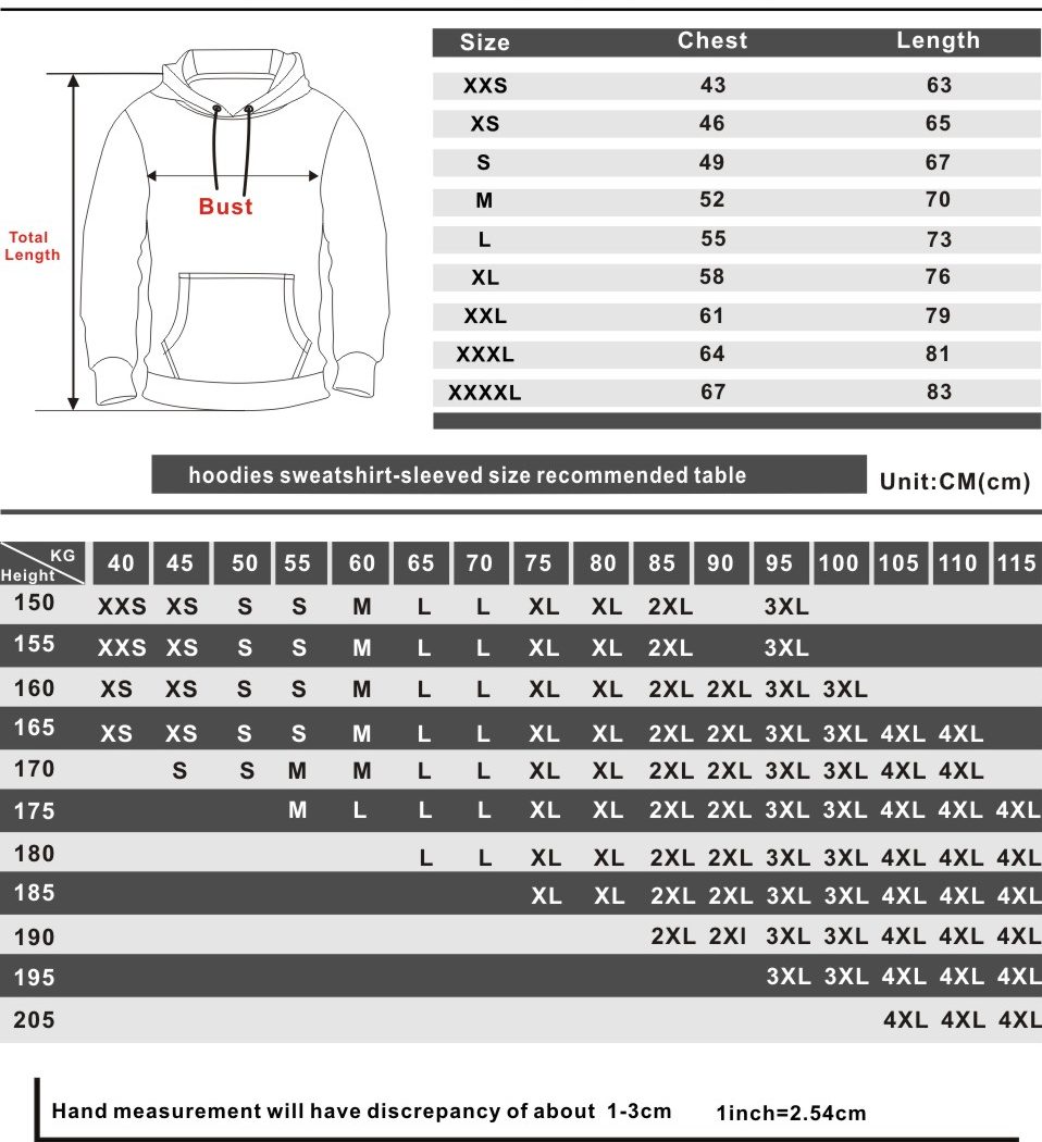 Arctic Monkeys Hoodie size chart