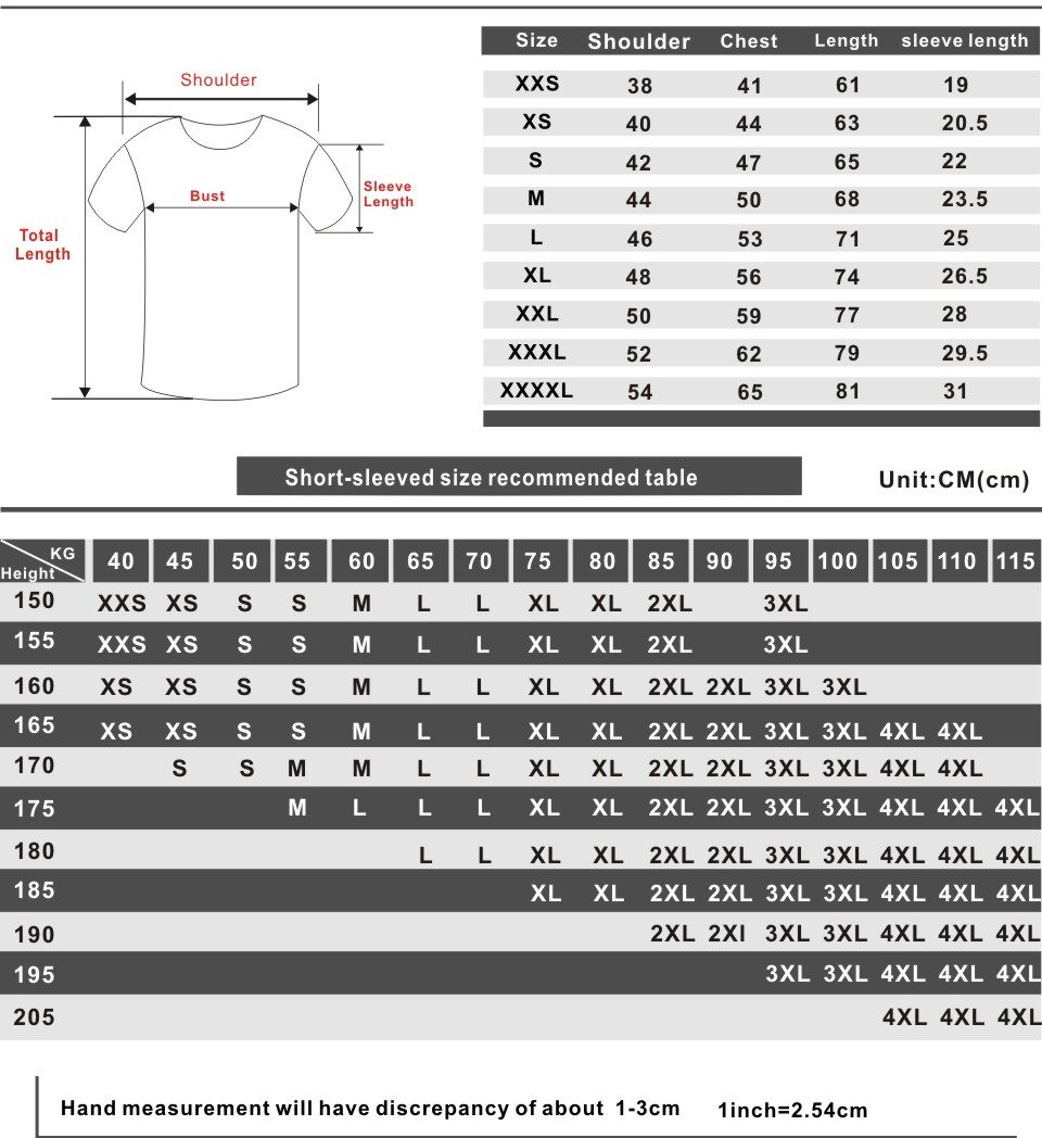 Arctic Monkeys t-shirt size chart